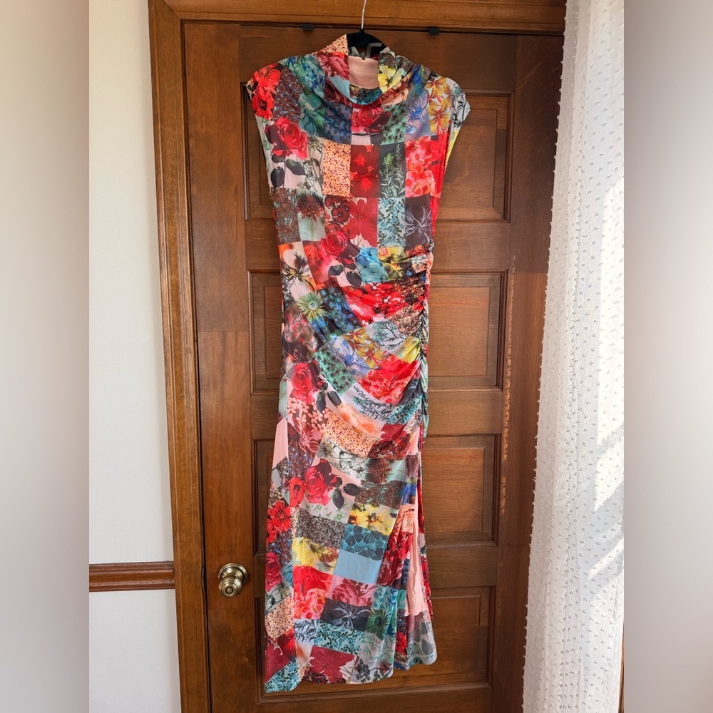 Anthropologie The Maya Ruched Cowl-Neck Mesh Dress in Red Pattern - Picture 4 of 8